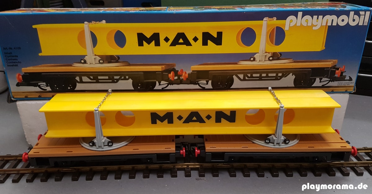 Playmobil Drehschemelwagen mit Träger 4109 vor Originalverpackung aus dem Jahre 1981