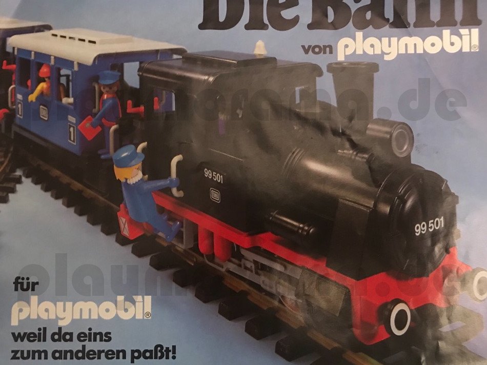 Die Bahn von playmobil für playmobil- weil da eins zum anderen passt. Deckblat vom Playmobil-Eisenbahn Prospekt 1980