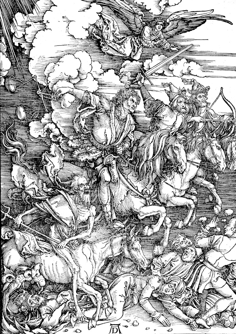 Der von Albrecht Dürer 1497/98 gefertigte Holzschnitt "Die vier apokalyptischen Reiter" war Teil einer Folge zur Apokalypse des Johannes (Neues Testament).