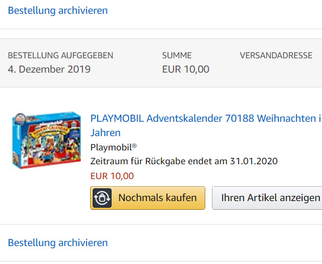 Bei Amazon gab des den Playmobil Adventskalender "Weihnachten im Spielwarengeschäft" am 04.12.2019 für nur 10€ zu kaufen.
