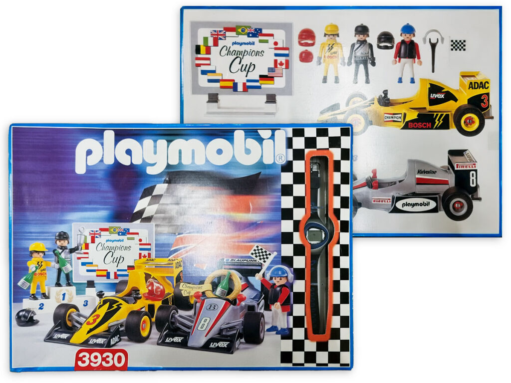 Auch die zahlreichen Playmobil-Rennwagen im Formel-1-Design sind mit echten Werbemarken bedruckt.
