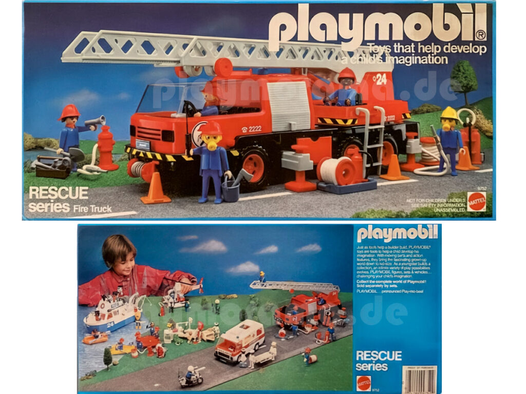 Vorderseite des Kartons des Playmobil Feuerwehr-Leiterfahrzeugs 9752 aus dem Jahr 1981 (USA-Version) mit Feuerwehrmann-Figur und dem Schriftzug "RESCUE SERIES Fire Truck" des Spieleherstellers Mattel.