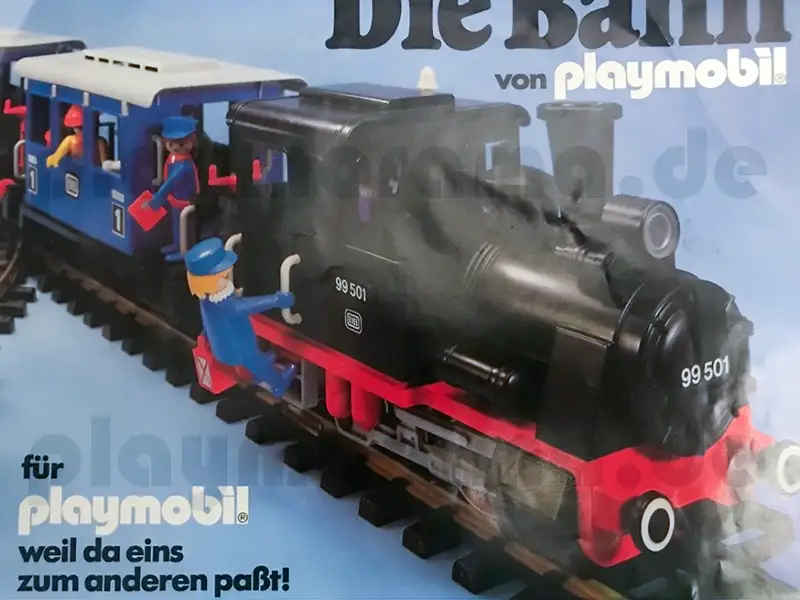 Die Bahn von playmobil für playmobil- weil da eins zum anderen passt. Deckblatt vom Playmobil-Eisenbahn Prospekt 1980