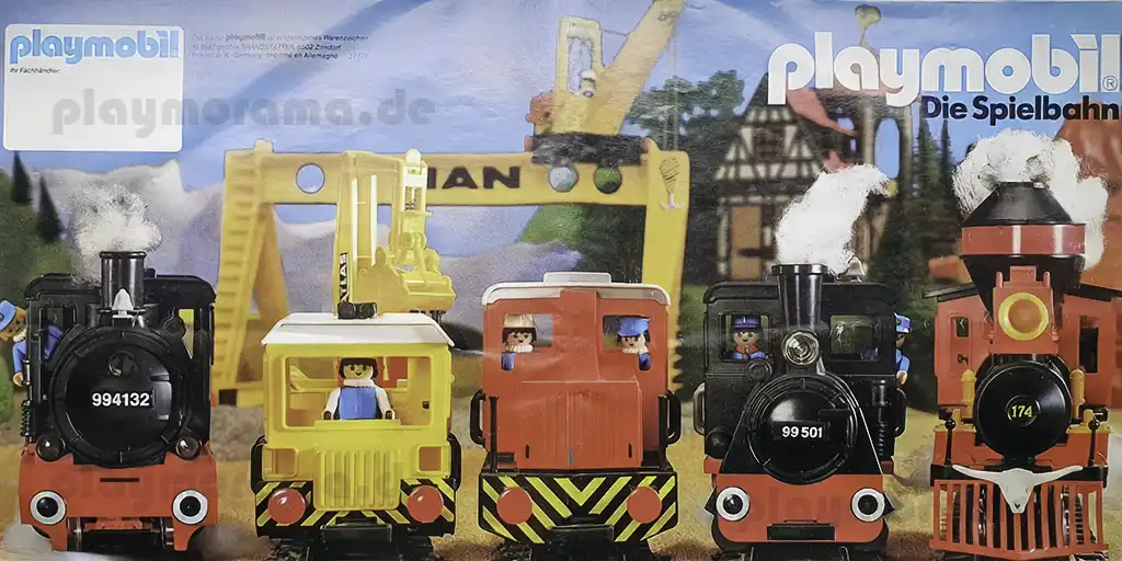 Die Playmobil Eisenbahn. Frontalaufnahme einiger Loks