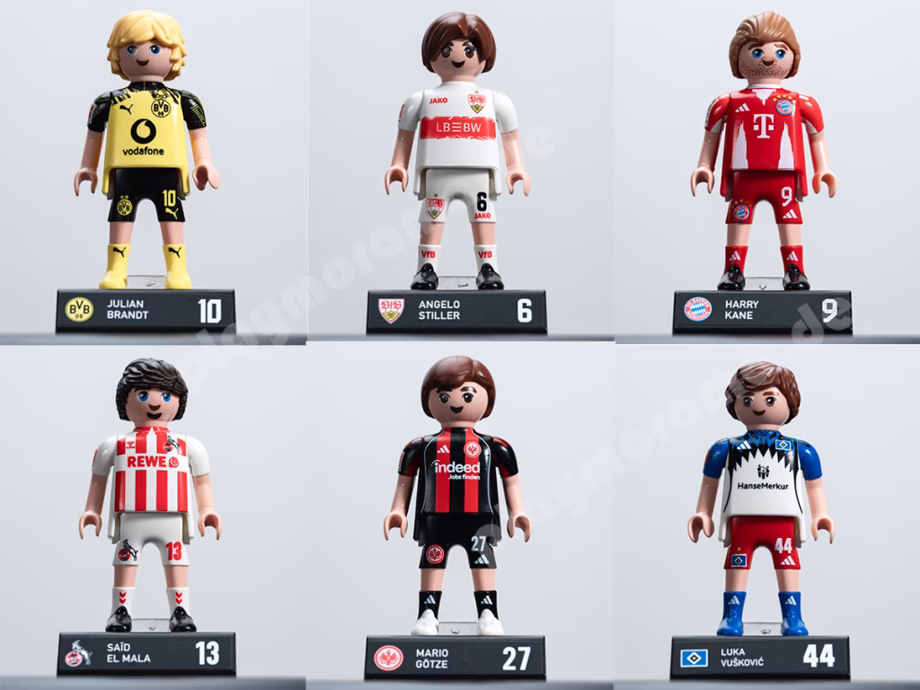 Sechs Playmobil-Figuren aus der Bundesliga-Serie.