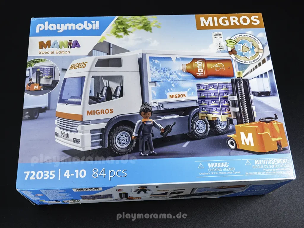 Verpackung des PLAYMOBIL-Sets 72035 mit Migros-LKW, Handstapler und Fahrerfigur