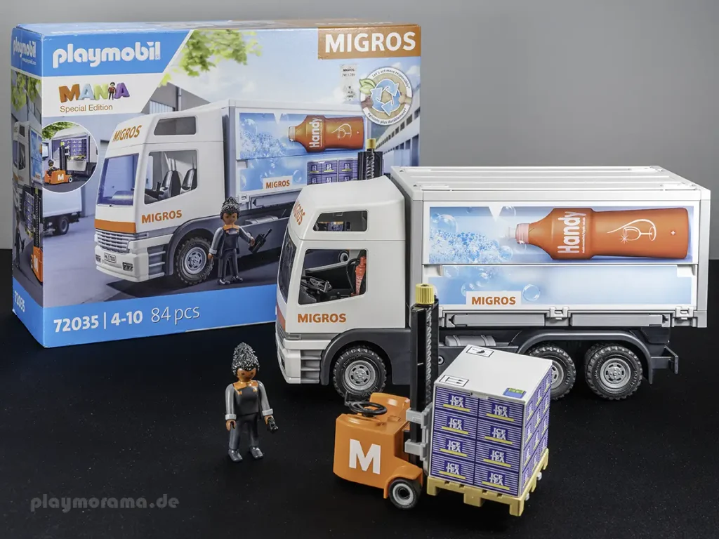 Ausgepackter Migros-LKW mit Fahrerfigur, Handstapler und Ice-Tea-Palette vor der Verpackung